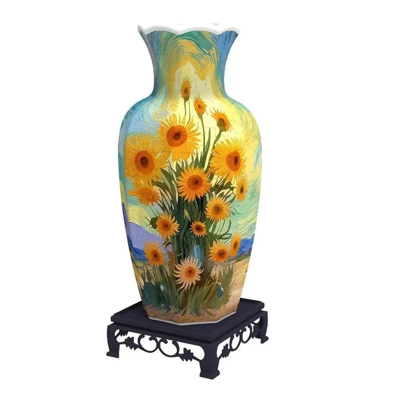 3D Puzzle Vase Inspired by Van Gogh's Sunflowers, Retro DIY Craft Kit for Home Decor with Waterproof Liner & 2 Floral Bases, Floral + Base