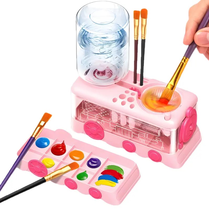 Paint Brush Cleaner with Paint Tray, Water Circulation Brush Rinser with Brush Holder, Watercolor/Oil and Water-Based Paint Brush Cleaner Tool, 400ml Capacity, Train Design, Gift for Artist Beginners, Art Materials, Art Craft Supplies