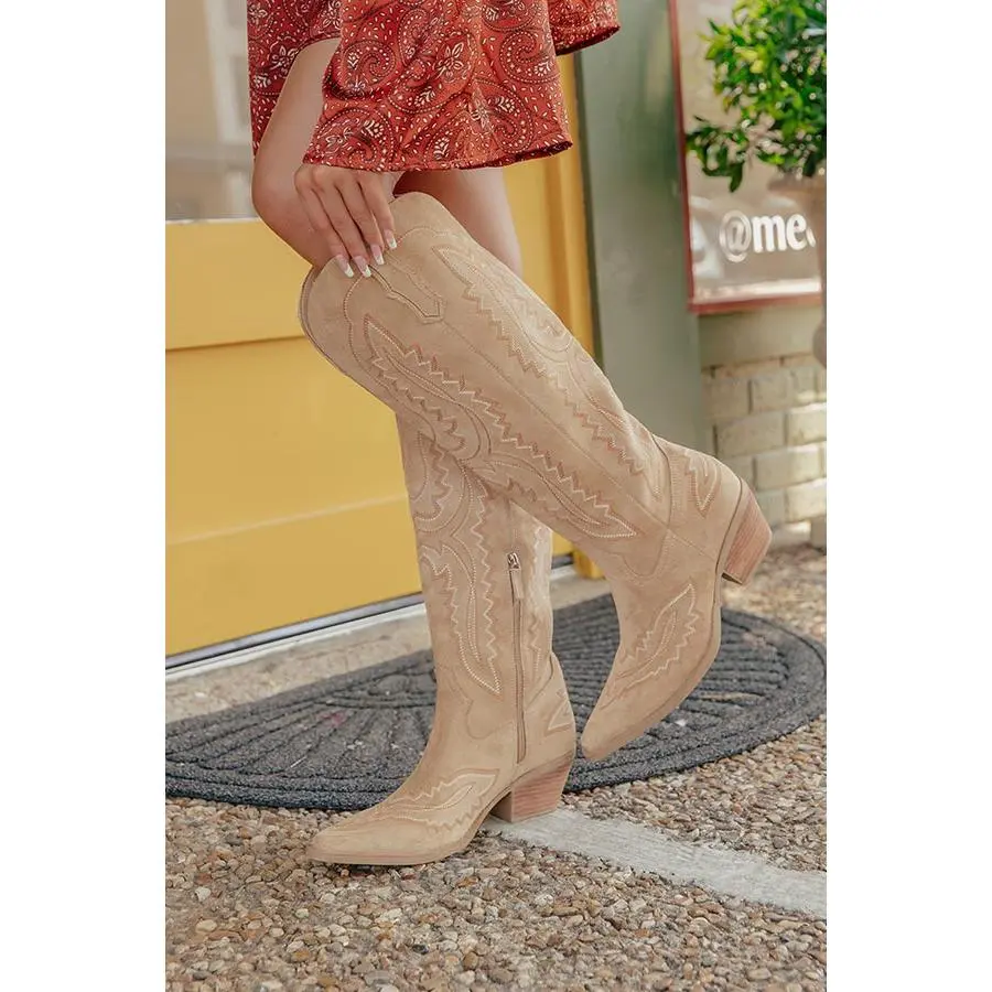 The Tess Faux Suede Cowboy Boot in Iced Latte