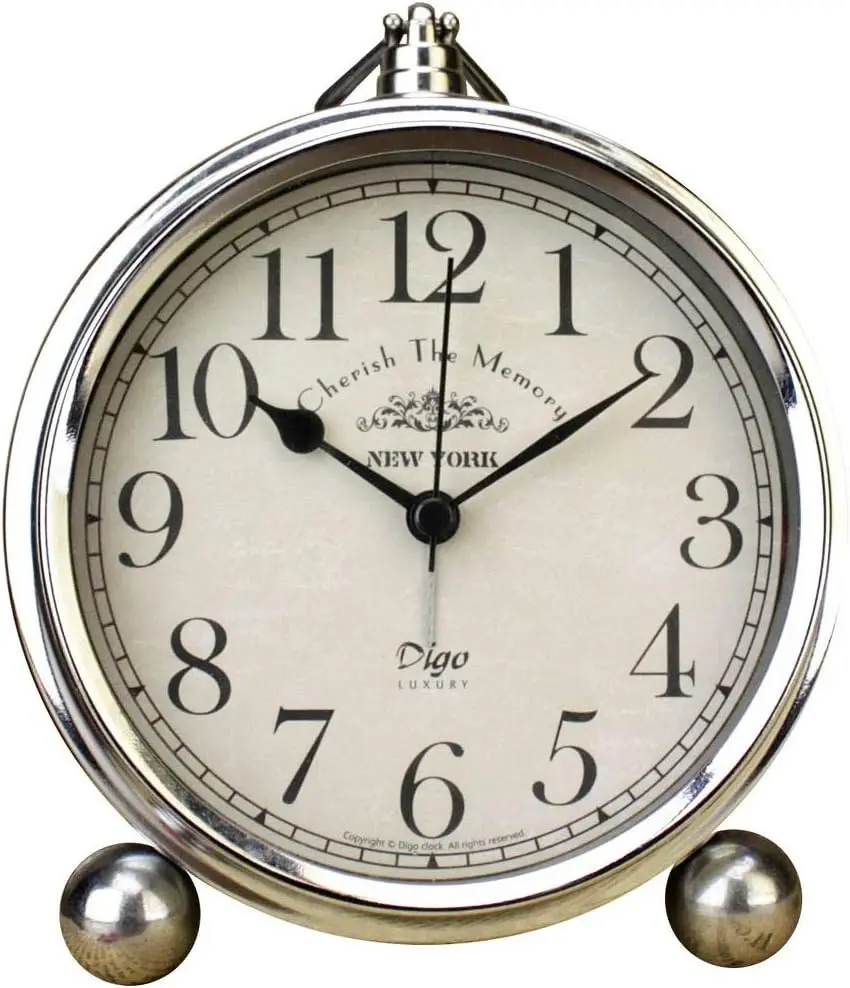 Vintage Table Clock, Iron European Style Desk Clock Battery Operated Non-Ticking Mantle Clock for Home Decor (Silver)