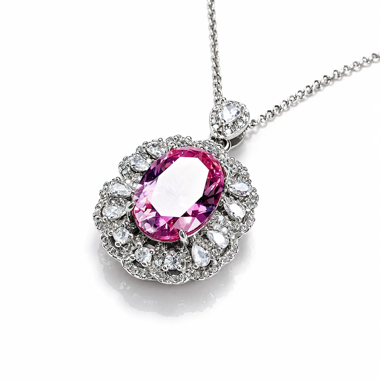 SKU GX-001-Oval Pink Crystal Gem Floral Halo Pendant Necklace  - Luxury Gemstone Jewelry, Floral Drop, Gem Decoration, Girly Necklaces, Crystal Gemstone Necklaces