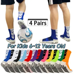 4 Pairs Of Boy's Non-slip Football Socks, High Elastic Breathable Grip Mid Tube Socks for Youngsters, Breathable And Sweat-absorbing Soccer Socks for Boys & Girls, Outdoor Sports Crew Socks for Outdoor Running Cycling Mountaineering