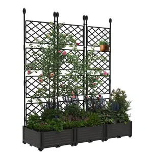 3-Pack Plastic Planter Boxes w/Metal Trellis - Modular Privacy Screen & Raised Garden Bed for Balcony/Patio, Black