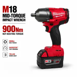 Milwaukee M18 1/2" Mid-Torque Impact Wrench FMTIWF12 features 900Nm Max Torque with 3-Speed Control for Automotive Repair and Heavy Machinery Maintenance Charge Kit with 6.0Ah Battery indoor use