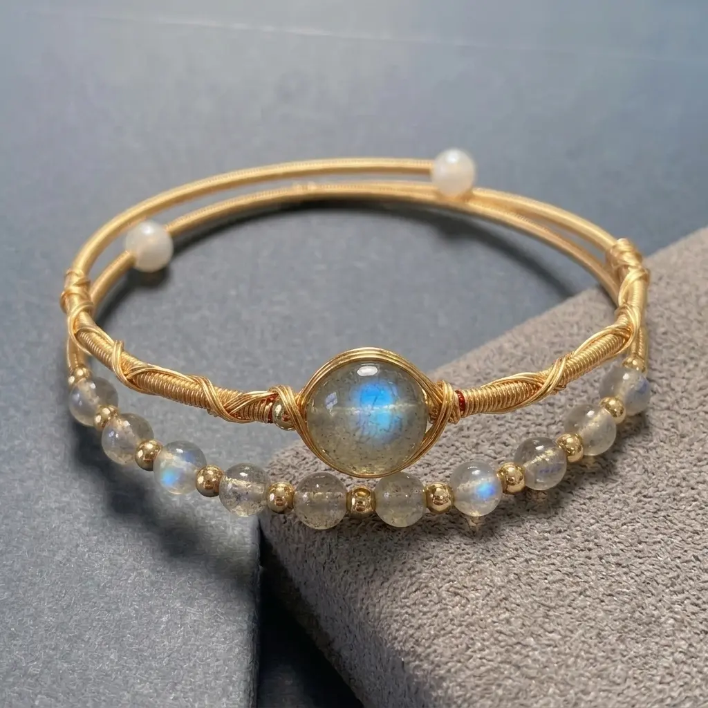 Natural Moonstone Wire Wrapped Cuff Bracelet for Women - 14K Gold Filled Open Bangle Double Layer Minimalist Stacking Jewelry Gifts for her, Mother's Day Gift backtoschool sohochic sohochic sohochic sohochic sohochic
