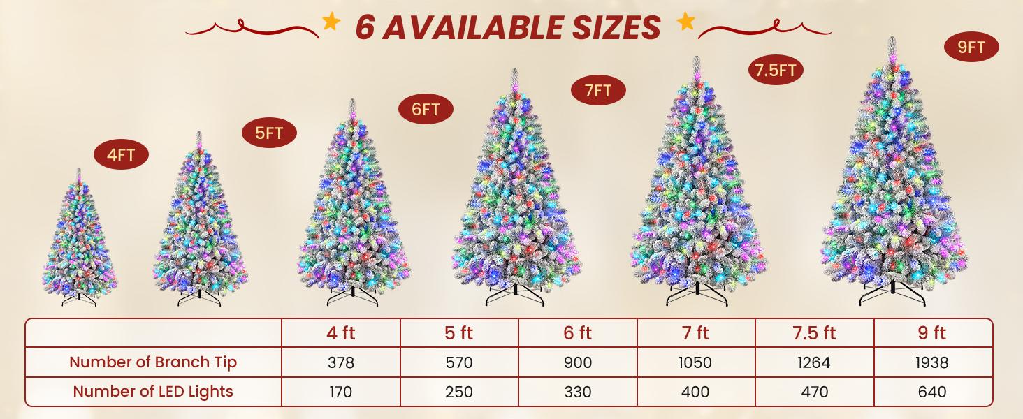 SHareconn 4/ 5/ 6/ 7.5/ 9/ 12FT Pre-Lit RGB Lights Snow Flocked Christmas Tree with Remote Control, Deluxe Hinged Design, Ideal Xmas Decoration