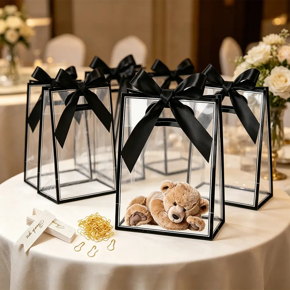 24 Pcs Clear Plastic Gift Bags with Handles, Reusable Party Favor Bags With ribbons and cards for Mother's Day, Birthday, Wedding,Bachelorette Party,(7 x 10 x 3.15 Inch)