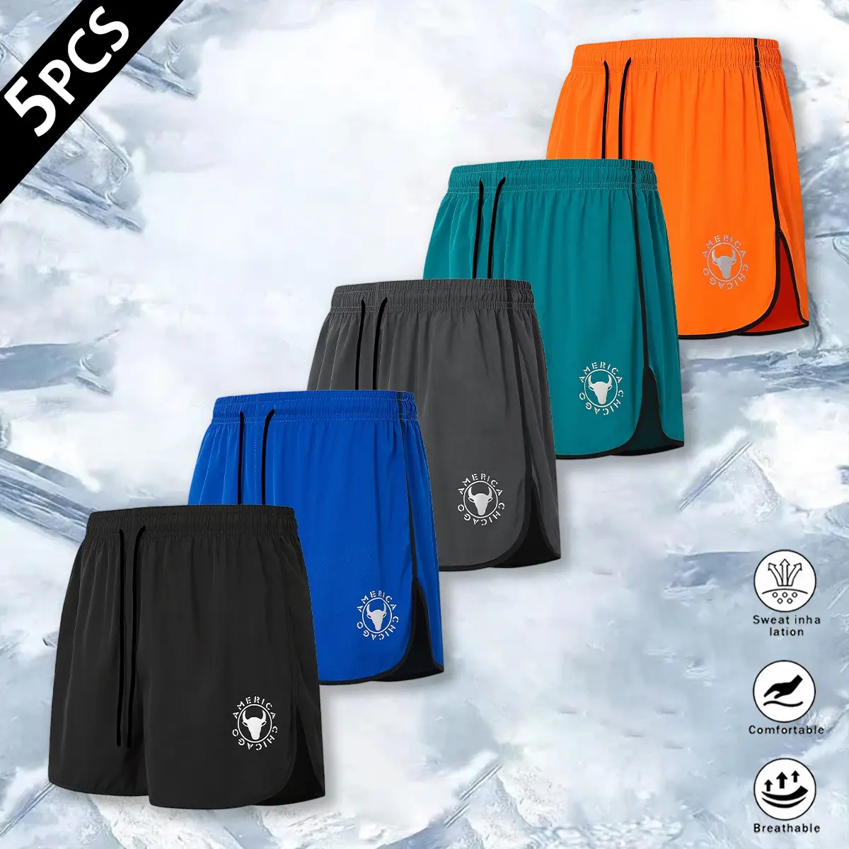 Men's 5-Pack Sporty Chic Elastane Above-Knee Athletic Shorts - Ultra-Lightweight, Breathable, Moisture-Wicking Fabric, Elastic Waist with Drawstring, Split Hem, Bull Graphic, Letters, Geometric Design, Ideal for Gym, Running