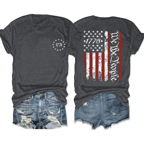 Women's American Flag Print Round Neck Lightweight Tee, Womenswear Casual Letter Graphic Short Sleeve T-Shirt for Summer, Women's Top for Daily Wear, Streetwear