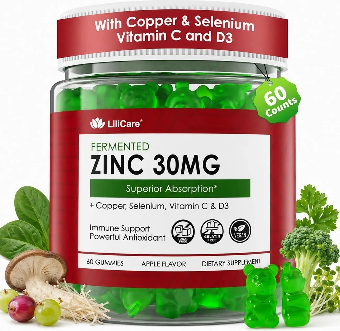Fermented Zinc Gummies 30mg + Copper, Selenium, Vitamin C & D3, Sugar Free | Zinc Supplements for Women & Men - High Potency & Superior Absorption, Daily Immune Gummies & Whole-Food Blend, Vegan, 60Cts