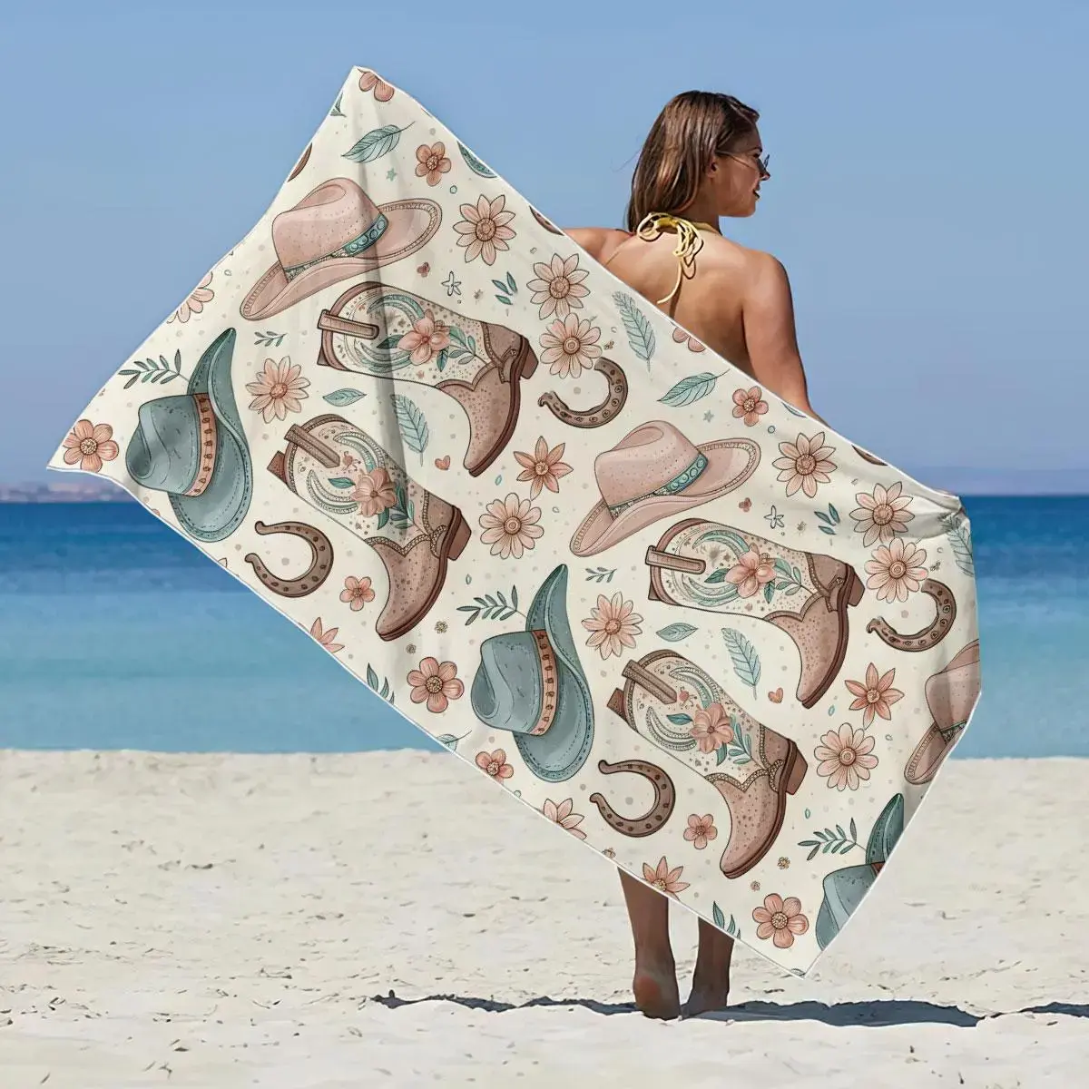 Cowboy & Floral Print Beach Towel with Bold Cow-Flower Art - Quick-Dry, Drip Dry, Breathable, Soft, Water-Absorbent, Durable Modern Textile for Beach, Home Use, Decoration, Room Decorations