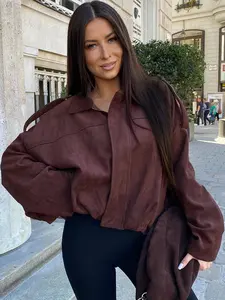 Women Suede Bomber Jacket Autumn Spring 2026 Fashion Casual Cropped Batwing Long Sleeve Zipper Oversize Solid Bomber Coat Chic Lady Streetwear Outerwears Womenswear Tops