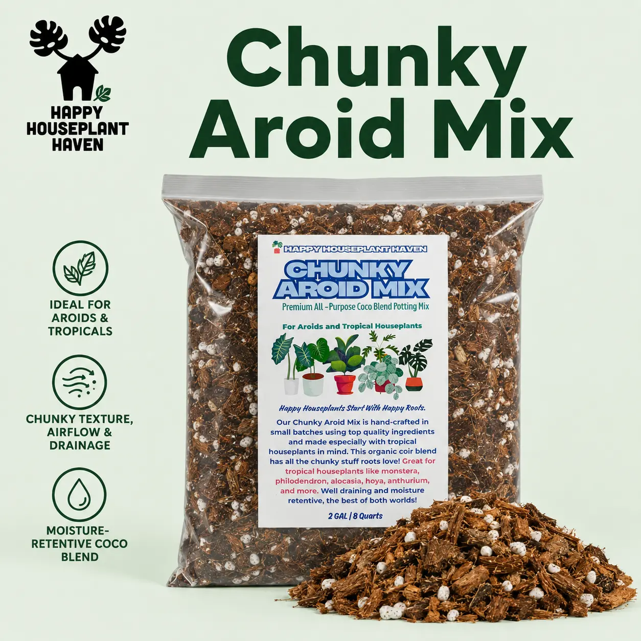 Chunky Aroid Potting Mix by Happy Houseplant Haven - 1 Gal Peat-Free, Well-Draining & Moisture-Retentive Blend with Pre-Buffered Coco Coir, Coconut Substrate Multi-Purpose for Aroids, Philodendron