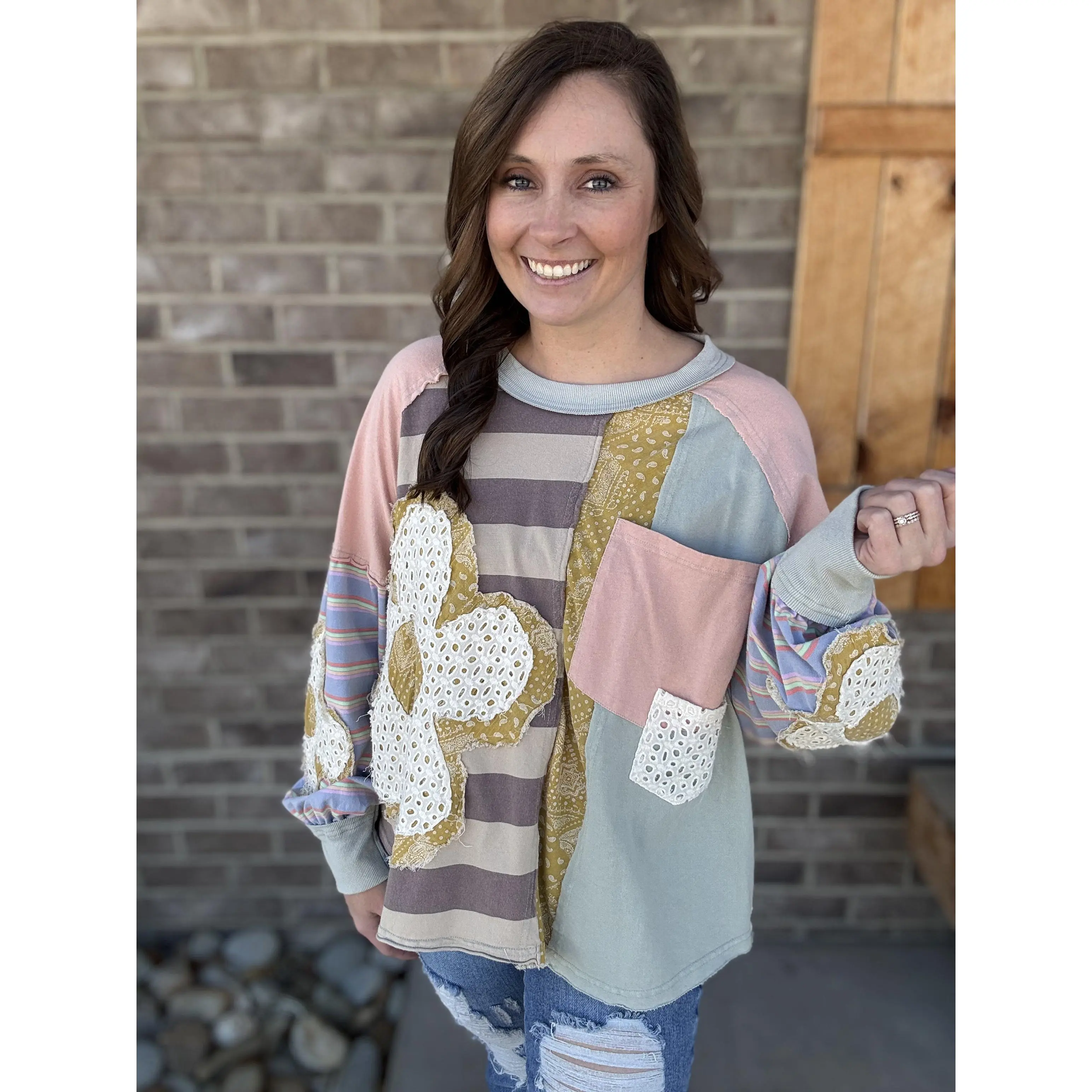 3505- Pink Combo Daisy Patched Fabric Mixed Top by Oli & Hali