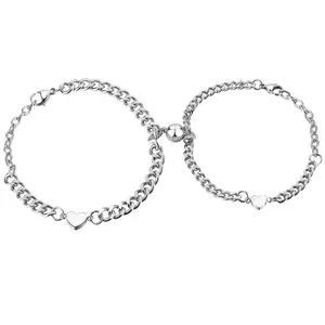 OIDEA Magnetic Heart Cuban Couples Bracelet Set, Stainless Steel Imitation Pearl Shell Inlay Bracelets, His Hers Anniversary Gift