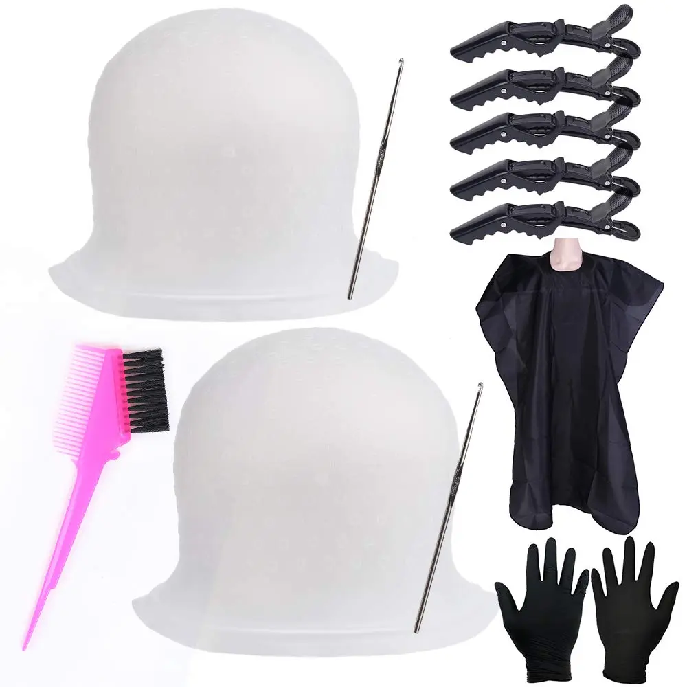 Hair Highlighting Kit, 2 Pack Reusable Silicone Caps with Metal Hook, Brush, Cape and Clips for Women, DIY Haircare Tool for Home Use, 20X31cm, Poke Holes First