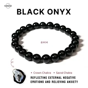 Natural Stone Pure Black Onyx 8MM Bracelet for Girls Boys Exquisite Trendy Stack Bangle Crown Sacral Chakra Christmas Gift