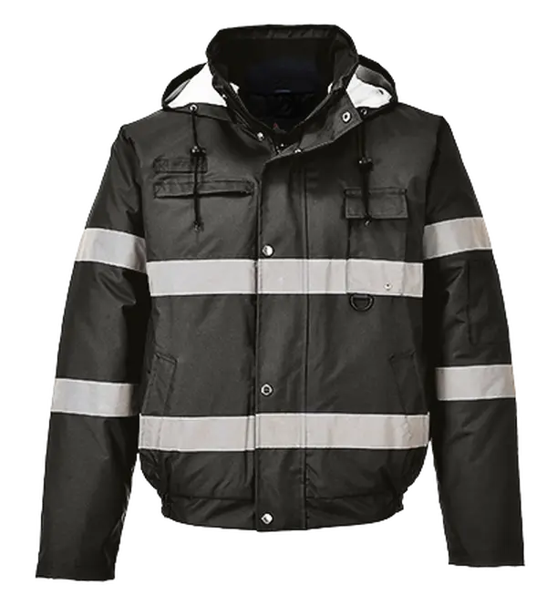 Portwest US434 Extra Large Iona Lite Bomber Adjustable Hood All-Weather Raincoat - Black, Regular Fit, Waterproof, Reflective, Polyester Fabric, 2 Pockets, Additional Insulation, for Home & Outdoor Wear, Synthetic