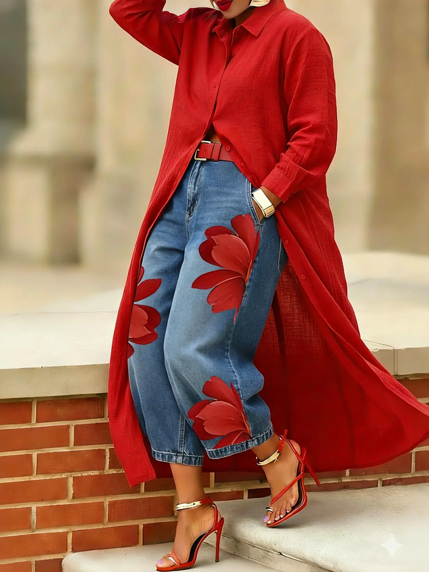 Women's Red Floral Print Jeans, High-Waist Wide-Leg Cropped Denim Pants for Casual Streetwear, Fitted