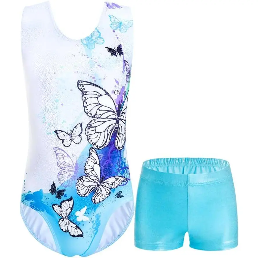 KF5-GCS025  Girls Gymnastics Leotards Set One Piece Sleeveless Tumbling Outfits with Matching Shorts Size 5-12 Years Old
