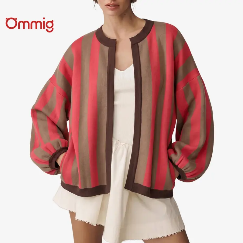 Ommig Women's Casual Chic Cowl Neck Striped Cardigans - Long Full Sleeves, Open Front, Loose Fit Mixed Fibers Sweater Knitwear Top