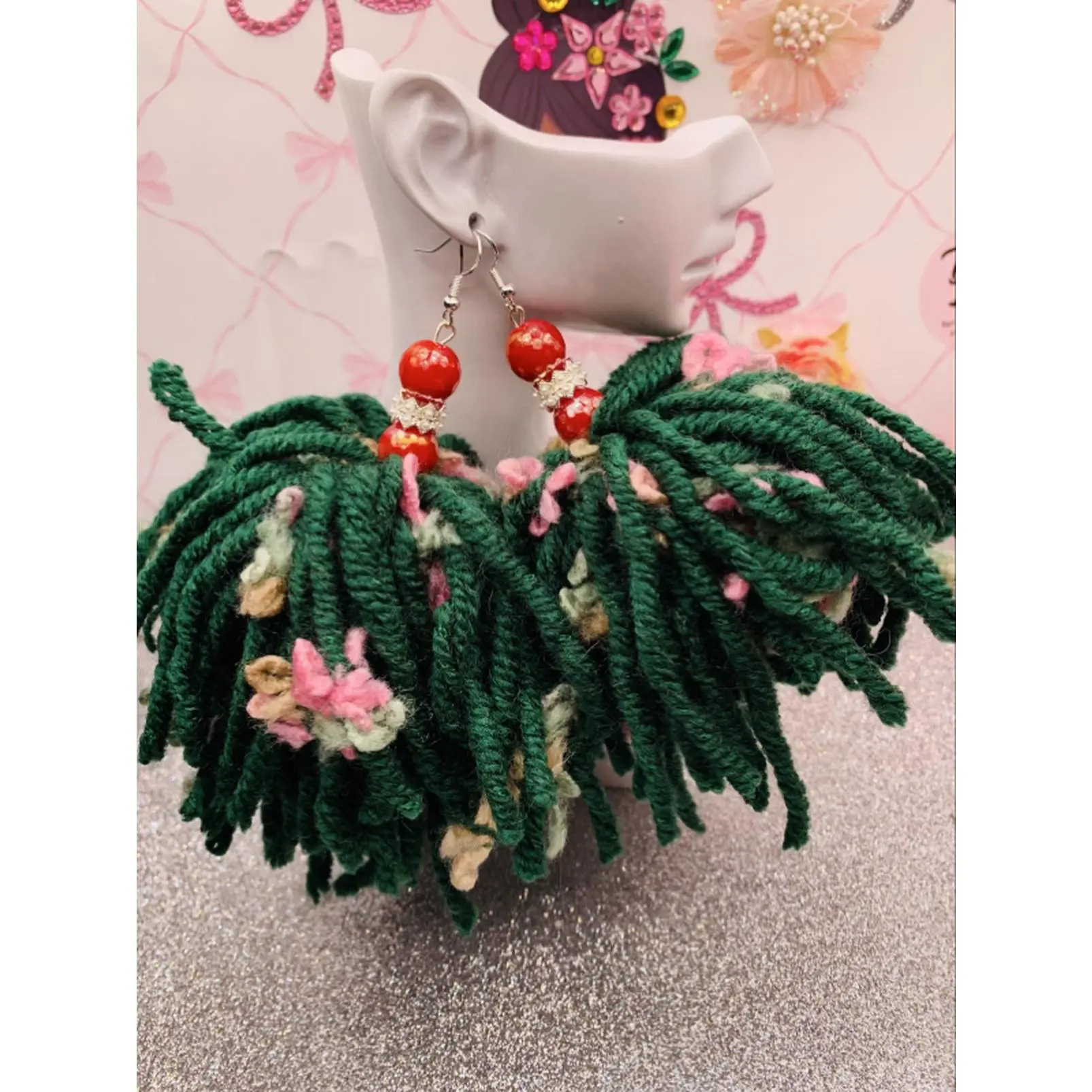 Green and Pink Yarn Earrings with Small Flowers and Fancy Beads Genuine Stone Accents