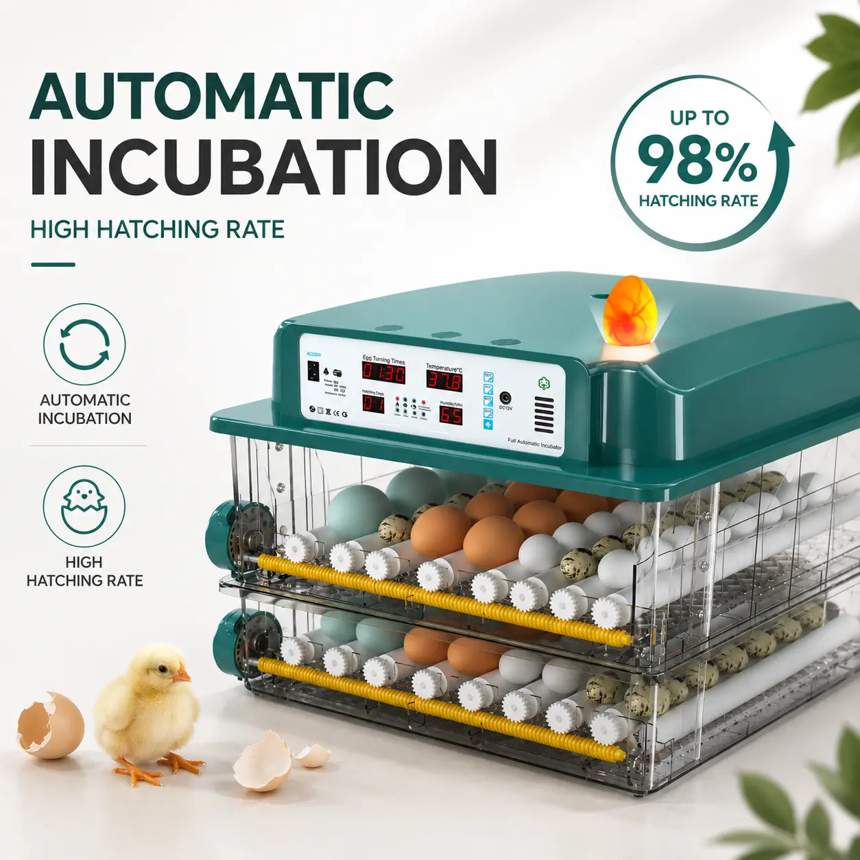 【DealsForYouDays】Fully Automatic 120-Egg Incubator — Upgraded Poultry Incubator featuring Automatic Water Refill, Temperature and Humidity Control, Automatic Egg Turning, and Egg Candling Functions.