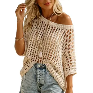 AIbart Womens Summer Scoop Neck Short Sleeve Sweater Casual Crochet Hollow Out Knit Tops Pullover Shirts Beach Coverup