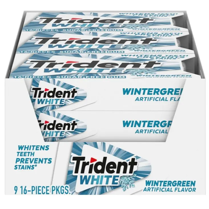 Trident Sugar-Free Mint Flavor Chewing Gum - 9 Packs (16 Pieces Each, 144 Total), Natural, Low Calorie Snacks with Glycerin, Vegetarian Fresh Breath Solution