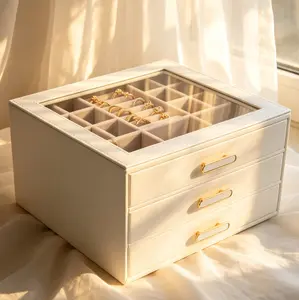 BOOVO 3-Tier Large Jewelry Box Organizer with Transparent Lid, Anti-Tarnish Velvet Lining Jewelry Case, High-End PU Leather Vanity Storage, Light Luxury Gift for Her