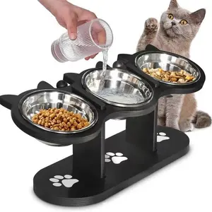 Raised Cat Food Bowls for Indoor Cats, Elevated Cat Bowls,Adjustable Heights Pet Bowl with Black Shelf,3 Stainless Steel Elevated Cat Bowls Stand with 15°Tilted,Durable Dog Cat Feeding Drinking Dish  feeder adjustable  bowl growing pet  puzzle automatic g
