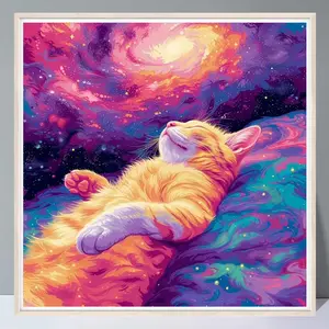 Sleeping Orange Cat 5D Diy Diamond Painting Kit No Frame, With Tools Pink Nebula Full Round Diamond Mosaic Sweet Dream Room Decor Handmade Gift