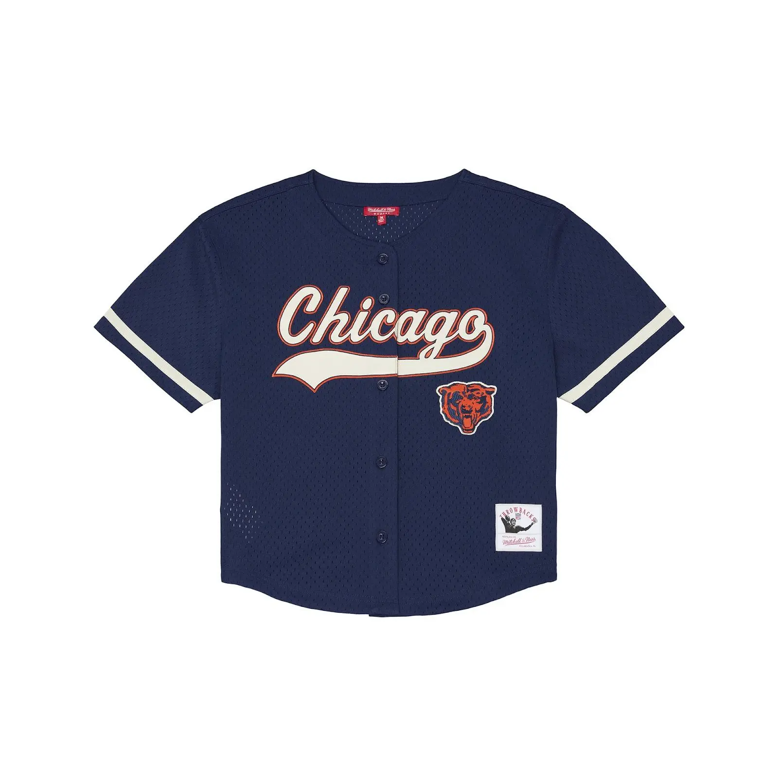 Mitchell & Ness Women's Chicago Bears Navy Mesh Button-Front Baseball Jersey, Female Long-Sleeve Tops with Classic Cut for Game Day Outfits