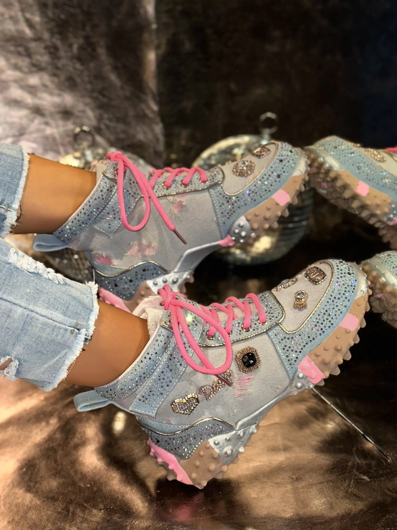 Women's High-Top Dad Shoes with Rhinestones, Patchwork Design, Letter Embellishments, Thick Sole, Versatile Casual Footwear