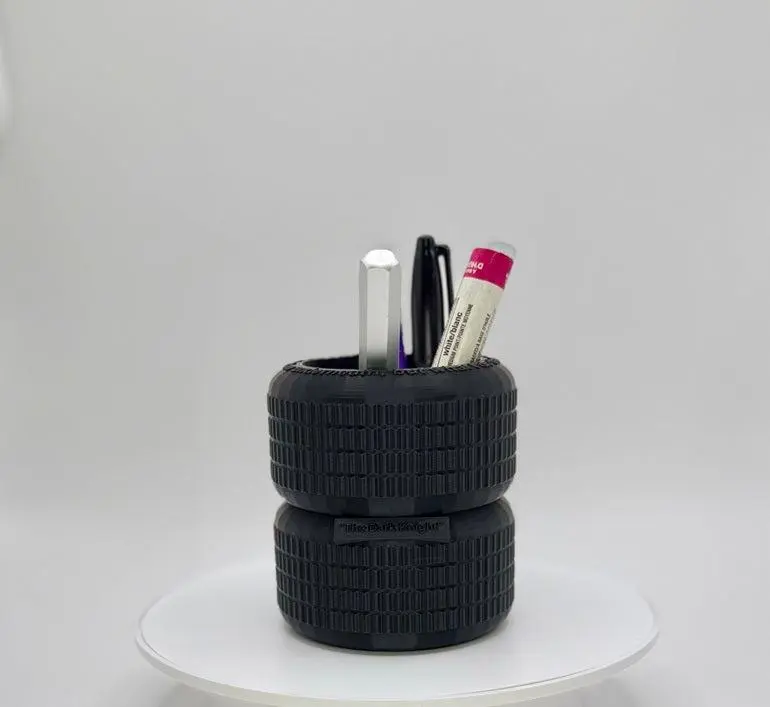 Dark Vigilante Cycle Tire Stack Pen Holder with Embossed Phrase | 3D Printed Tactical Desk Organizer | Industrial Office Decor |