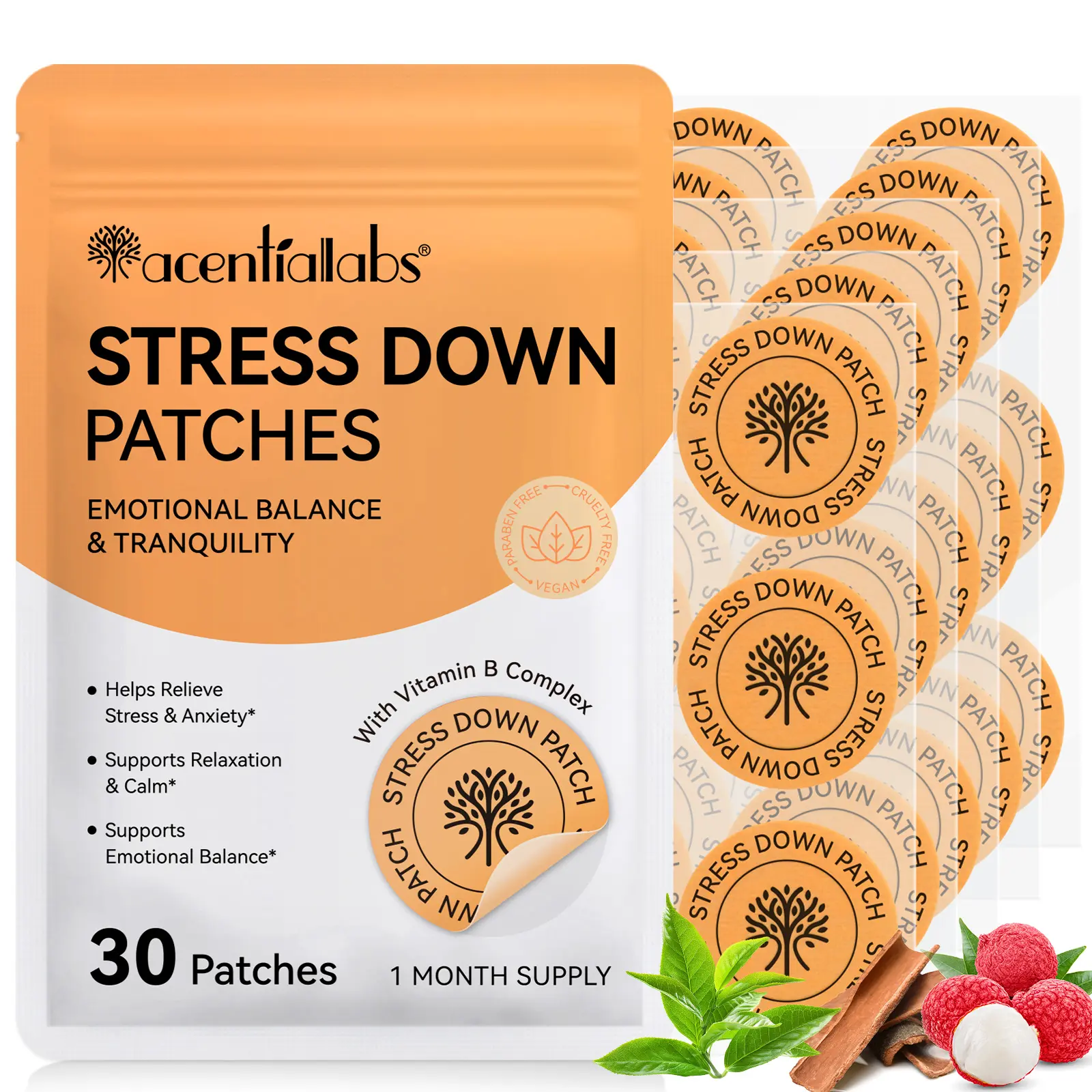 Acentiallabs Stress Relief Patches 30pcs, Daily Promotes Relaxation and Emotional Balance, Keeps Mind Clear, Absorbs Nutrients Through Skin, Lychee Fruit Extract, Lightweight