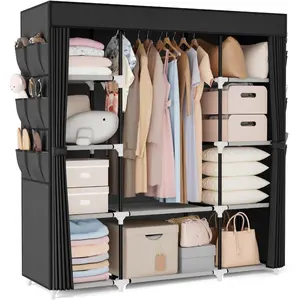 Portable Closet Wardrobe for Hanging Clothes 57.3 Inch Large Capacity Clothes Rack with Cover, 10 Storage Organizer Shelves, 1 Hanging Rods and 6 Pockets, Free Standing Closet for Bedroom, Black