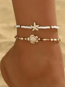 Boho Style Sea Star & Turtle Design Anklet, Fashionable Beaded Anklet for Women & Girls, Casual Trendy Body Jewelry for Party, Daily Decor for Birthday Gift, Dainty Layered Anklet