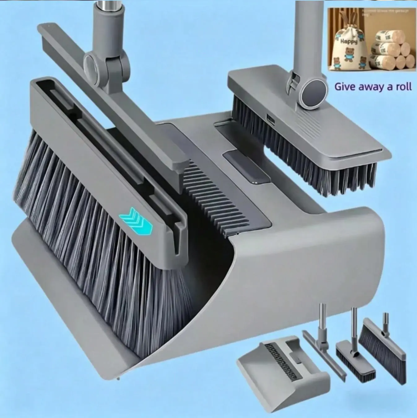 4-in-1 Multifunctional Plastic Upright Broom with Built-in Dustpan Combo - Adjustable Long Handle, Comb Teeth, Garbage Bag Holder, Removable & Washable Floor Sweeping Set for Kitchen, Garage Cleaning