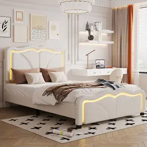 Twin Size Upholstered Platform Bed with Height-Adjustbale Headboard, PU Leather Bed Wood Frame with Smart LED and Thickened Slats, No Box Spring Needed