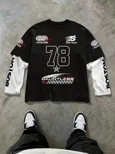 Men's 'boston 78' Faux Layered Long Sleeve Shirt, Racing Team Graphic Print with 'fearless/keep Trust' Slogan, Color Block Sleeves, Soft Comfortable Fabric for Casual Street Style, Streetwear