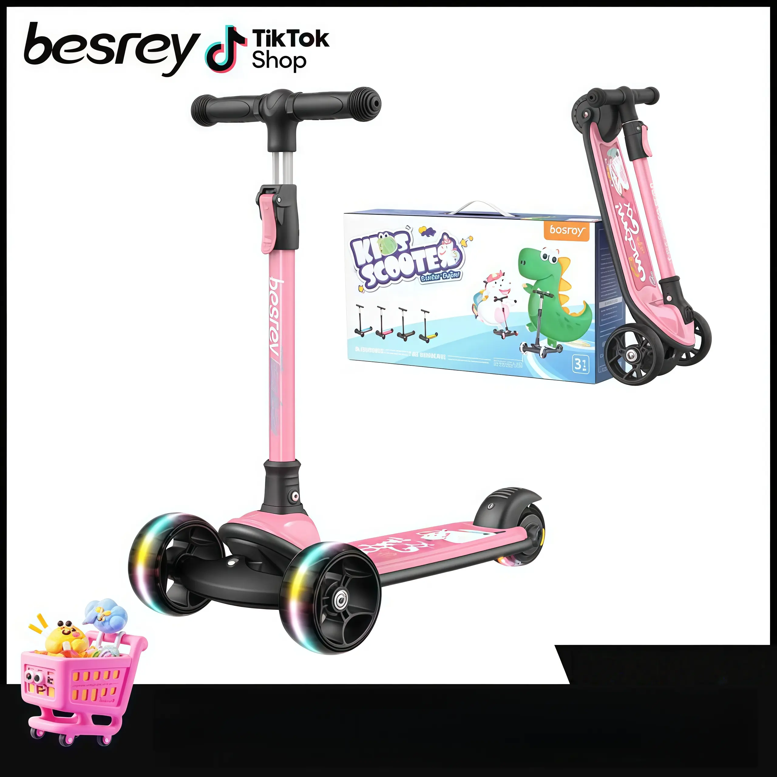 Besrey Kids Scooter for 3-13 Years Old with LED Lights, Extra Wide Deck, Adjustable Folding Design, and Lean-to-Steer Technology