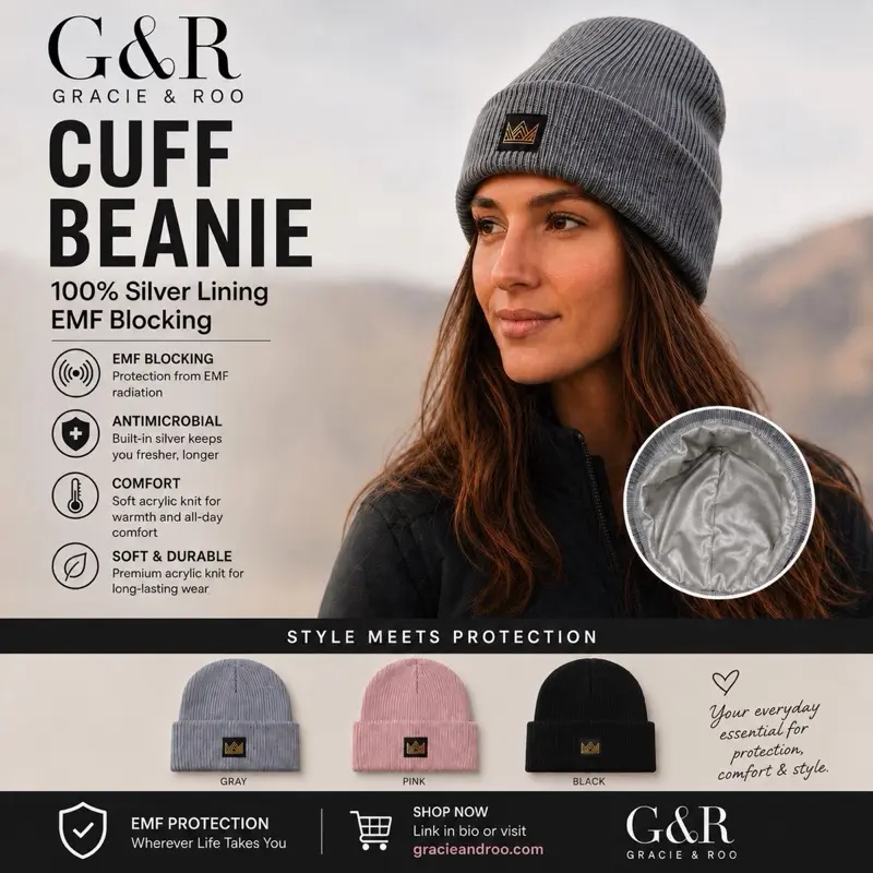 Gracie & Roo EMF Blocking 100% silver faraday cuff beanie. One size fits most.