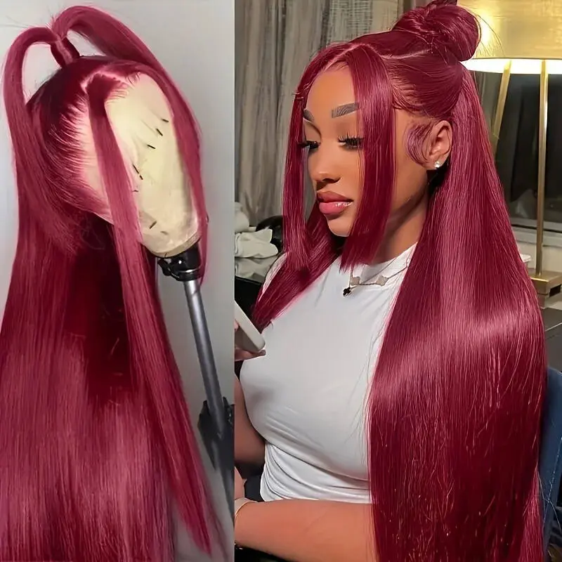 Bling Hair 99J Burgundy Brazilian Straight Hair 13x6 Hd Transparent Lace Front Human Hair Wig Brazilian Pre-Plucked 13x4 Lace Frontal Wigs For Women 180Density