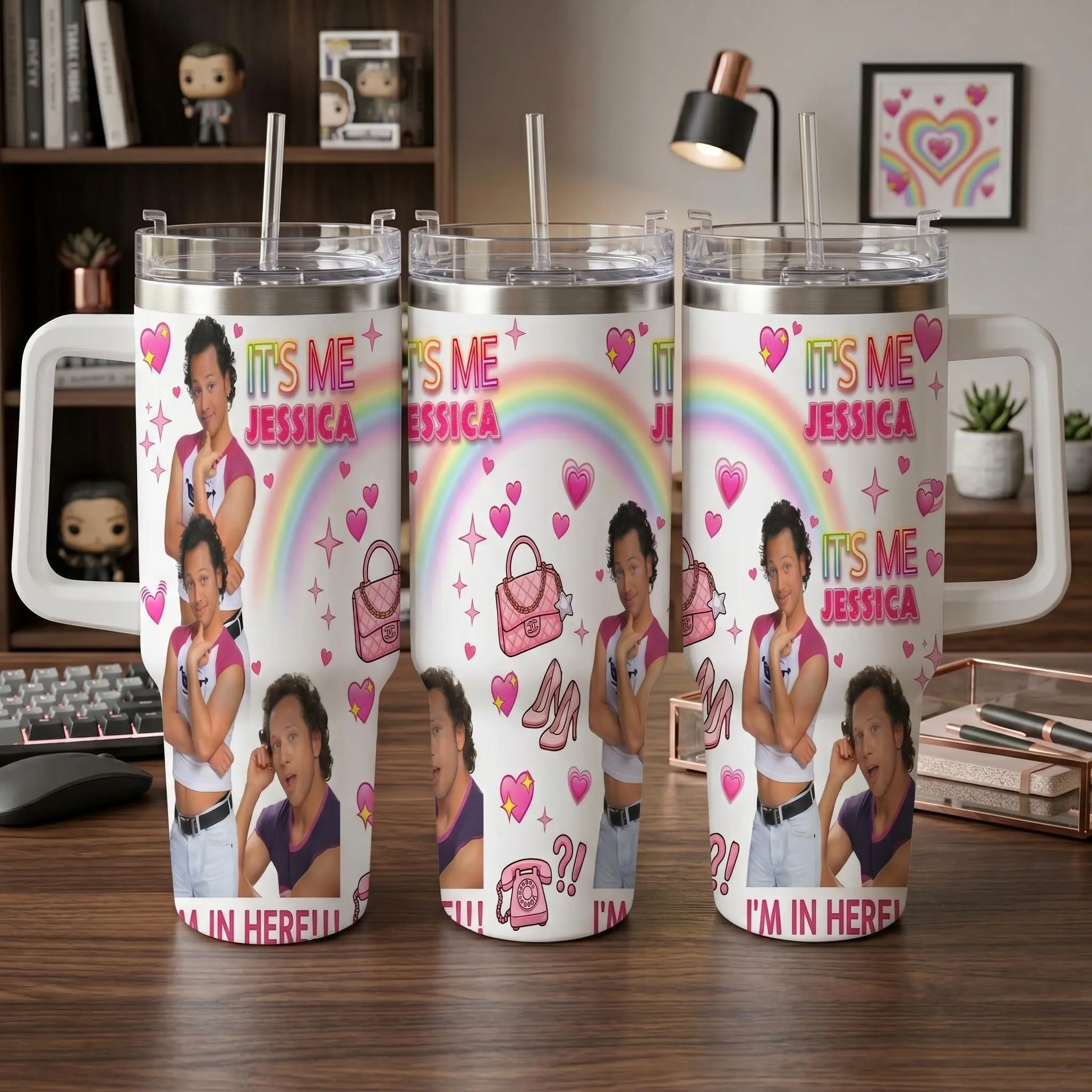 It's Me Jessica Stainless Steel Tumbler (20oz/30oz/40oz) - Pink Hearts Rainbow Aesthetic Print, Stylish Durable Portable Drink Flask, Water Bottle for Office Travel, Ideal Birthday Gift for Fashion Lovers, Water Bottles, Flasks