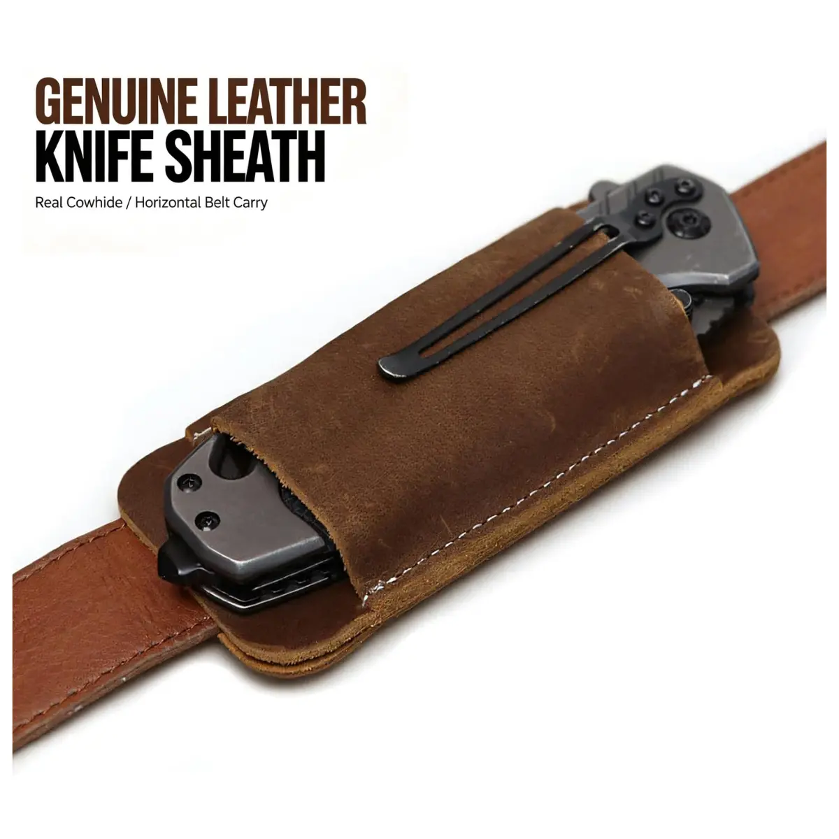 Genuine Leather Knife Sheath, Retro Horizontal Belt Carry Knife Holster, Real Leather Pocket Knife Holder for Men, Belt Loop Knife Scabbard Outdoor