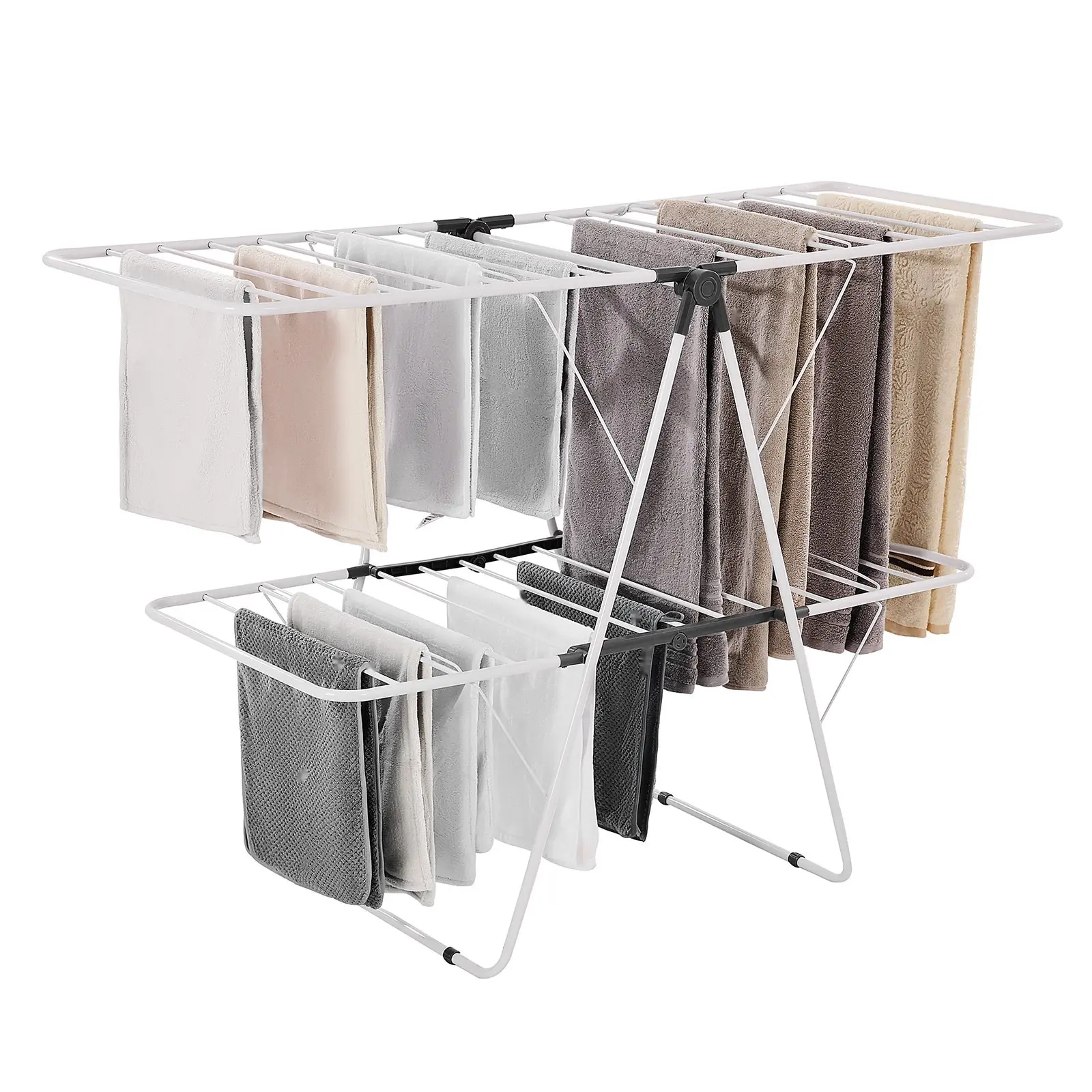 2-Tier Foldable Clothes Drying Rack With Sock Clips, 31 Dry Rods, Metal Height Adjustable Frame For Indoor And Outdoor Use, Free-Standing Space-Saving Laundry Dryer Stand, Lightweight Yet Sturdy, White