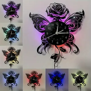 Vintage Vinyl Record Wall Clock, Butterfly Rose Theme Art Decor, Suitable for Living Room Bedroom Office Cafe Bakery Restaurant Kitchen