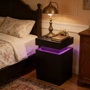 Night Stand With Charging Station & LED Light, Modern Nightstand with Drawers, End Side Table for Bedroom, Stylish Storage Bedside Table with USB Charging & LED Lamp