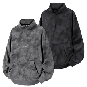 Retro Washed Quarter-Zip Pullover with Ribbed Trim & Functional Kangaroo Pocket